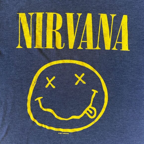 Nirvana Band T-Shirt Sz L Blue Classic Smiley Face Kurt Cobain Rock Band Grunge - Picture 3 of 6